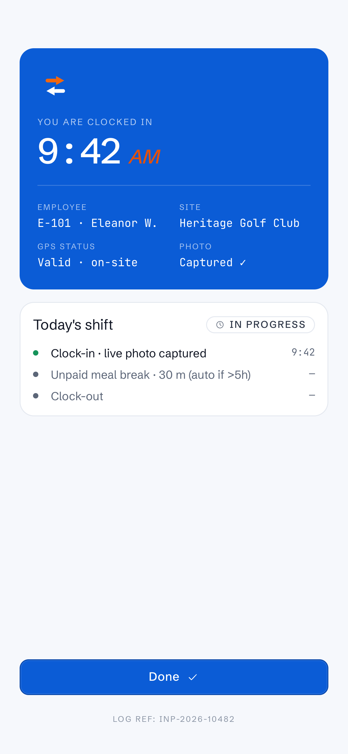 InOutPro mobile clock-in — a verified shift showing time, employee, site, GPS status and a captured selfie