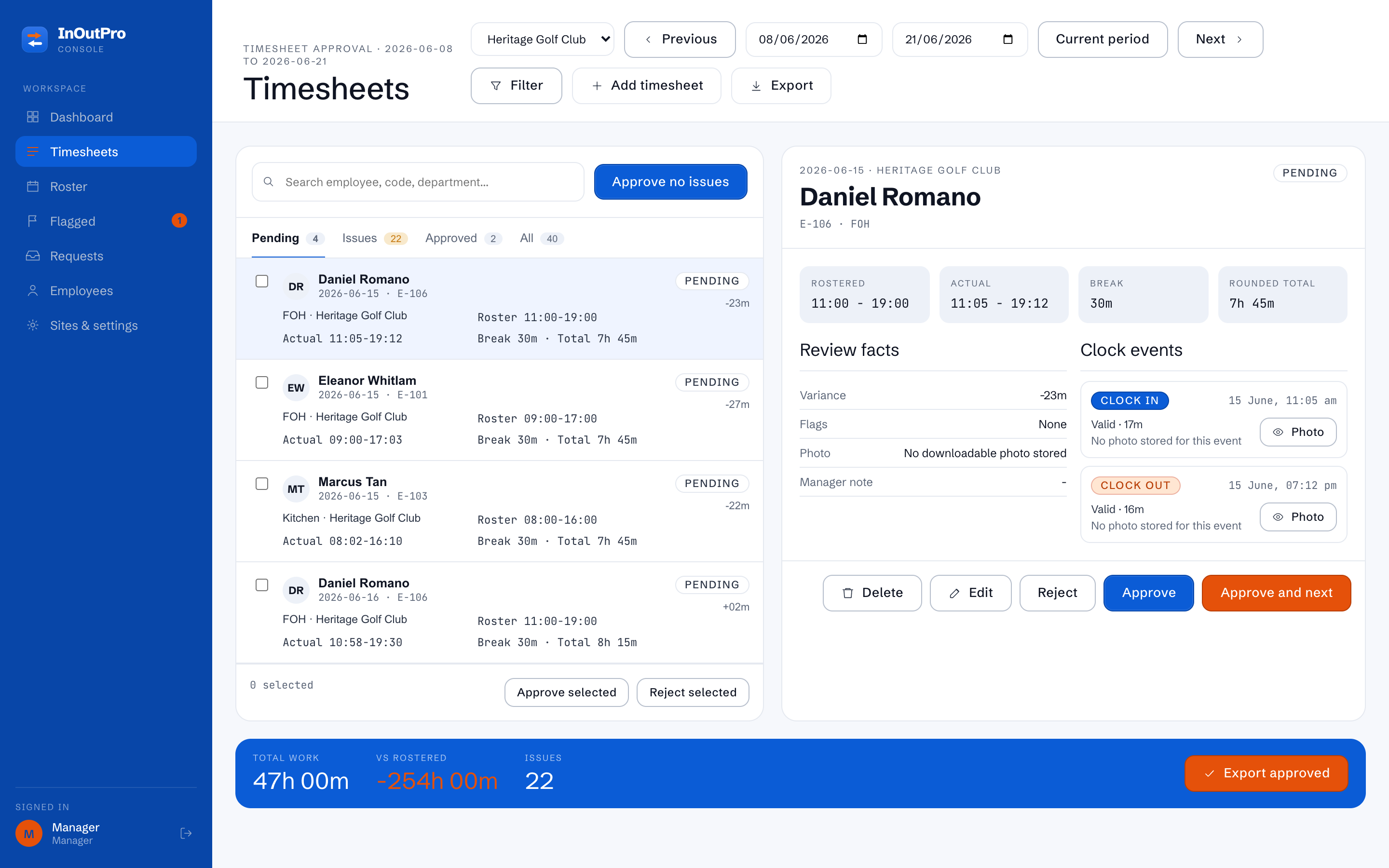InOutPro timesheets — rostered vs actual hours with variance, clock events and one-click approval